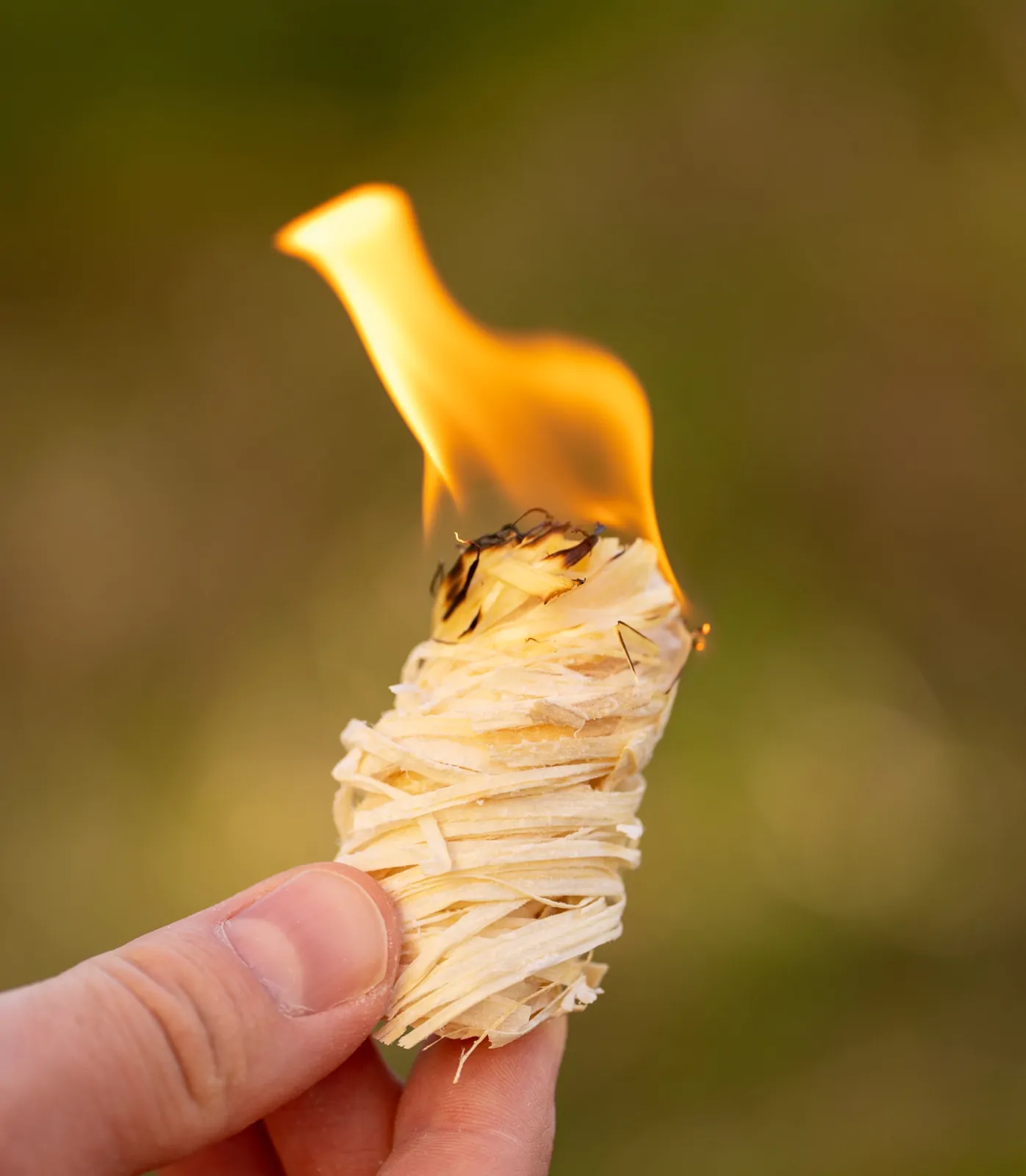 A STOCERS wood wool firelighter burning with a clean, natural flame